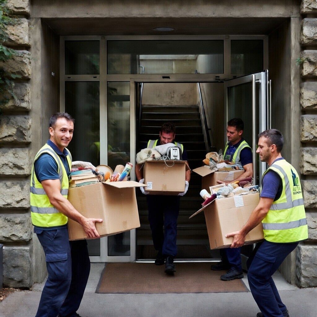 Mitarbeiter in Warnwesten tragen Kartons aus einem Wohnhaus