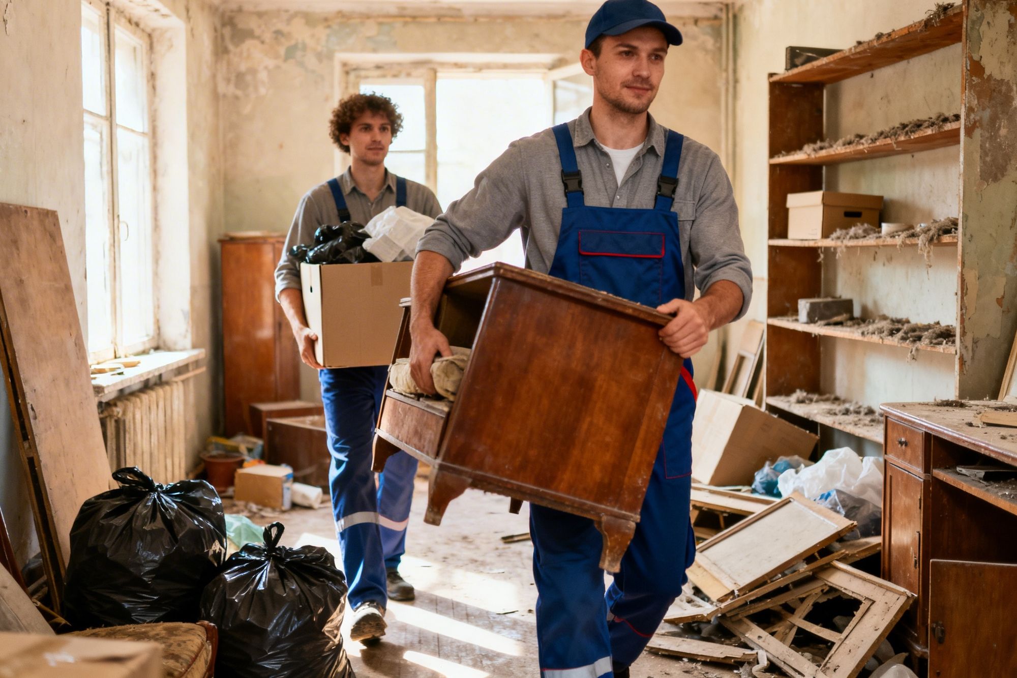 Zwei Mitarbeiter tragen Möbel aus einer Wohnung