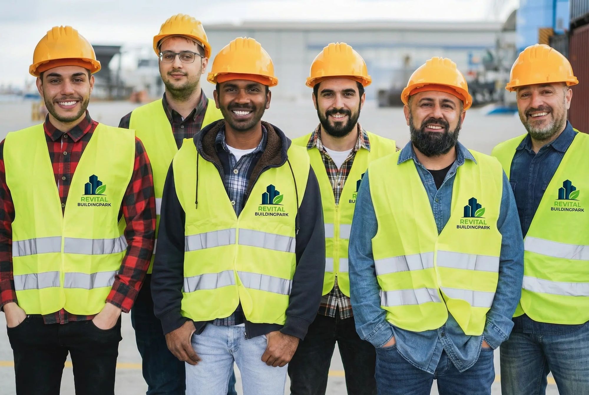 Das Team von Revital Buildingpark in Warnwesten und Schutzhelmen